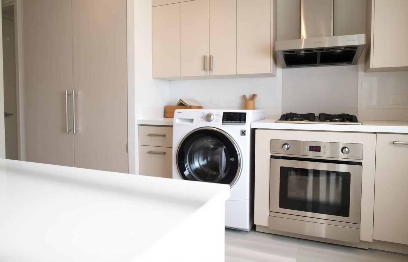 Home laundry and kitchen area with a washer, dryer, and oven