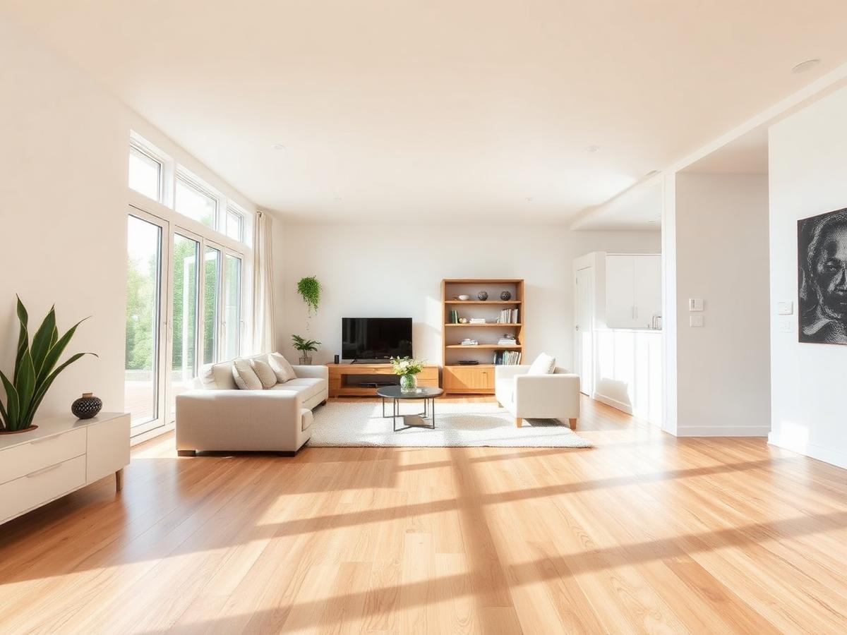 Sunlit living room with newly installed hardwood flooring
