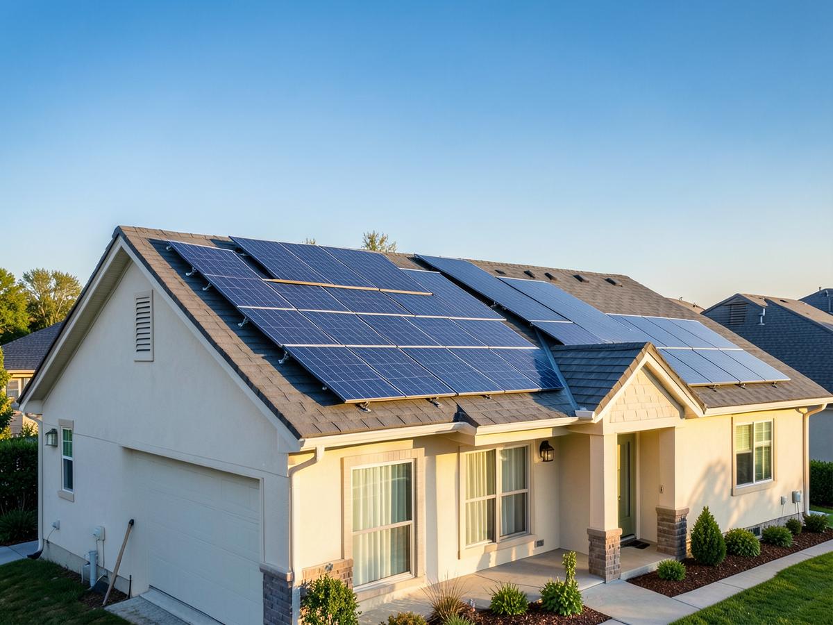 Single-family home with solar panels on the roof